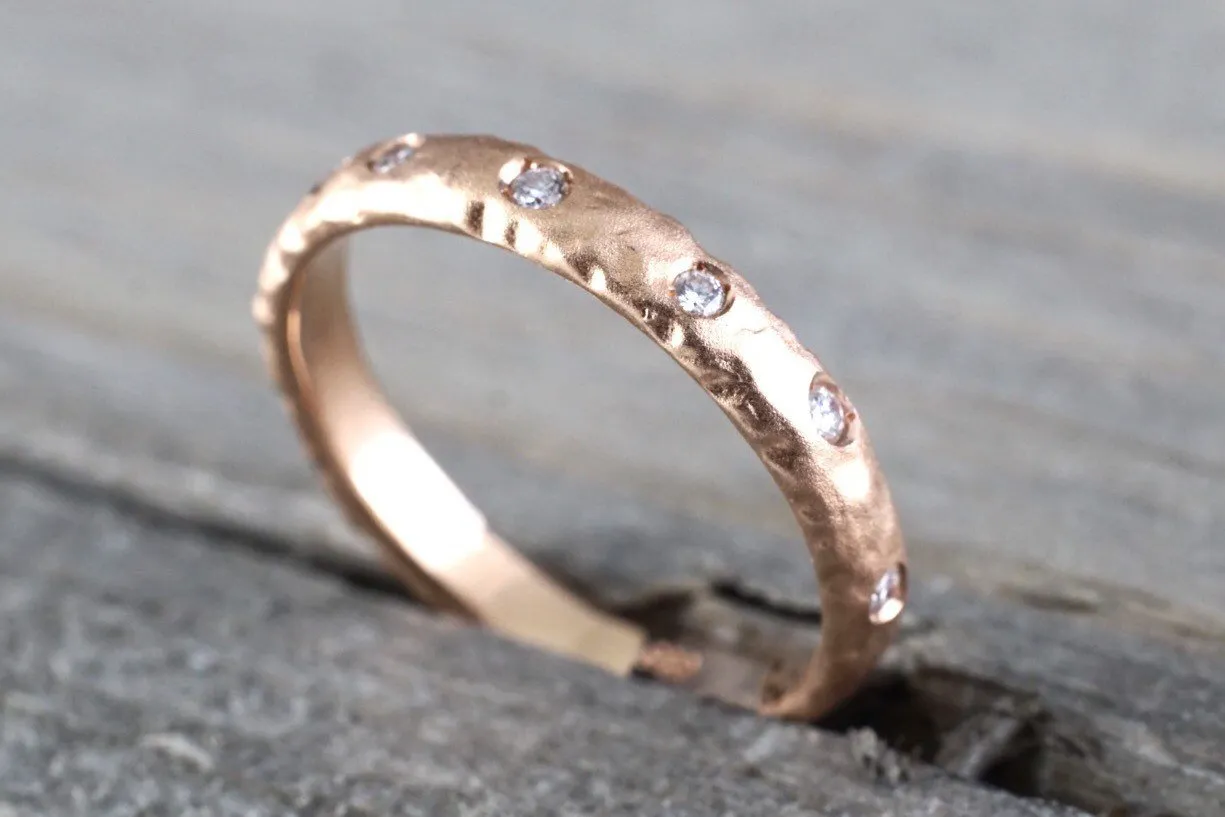 14k Solid Rose Gold Diamond Scattered Satin Finish Matte Brushed Hammered Ring Band Wedding