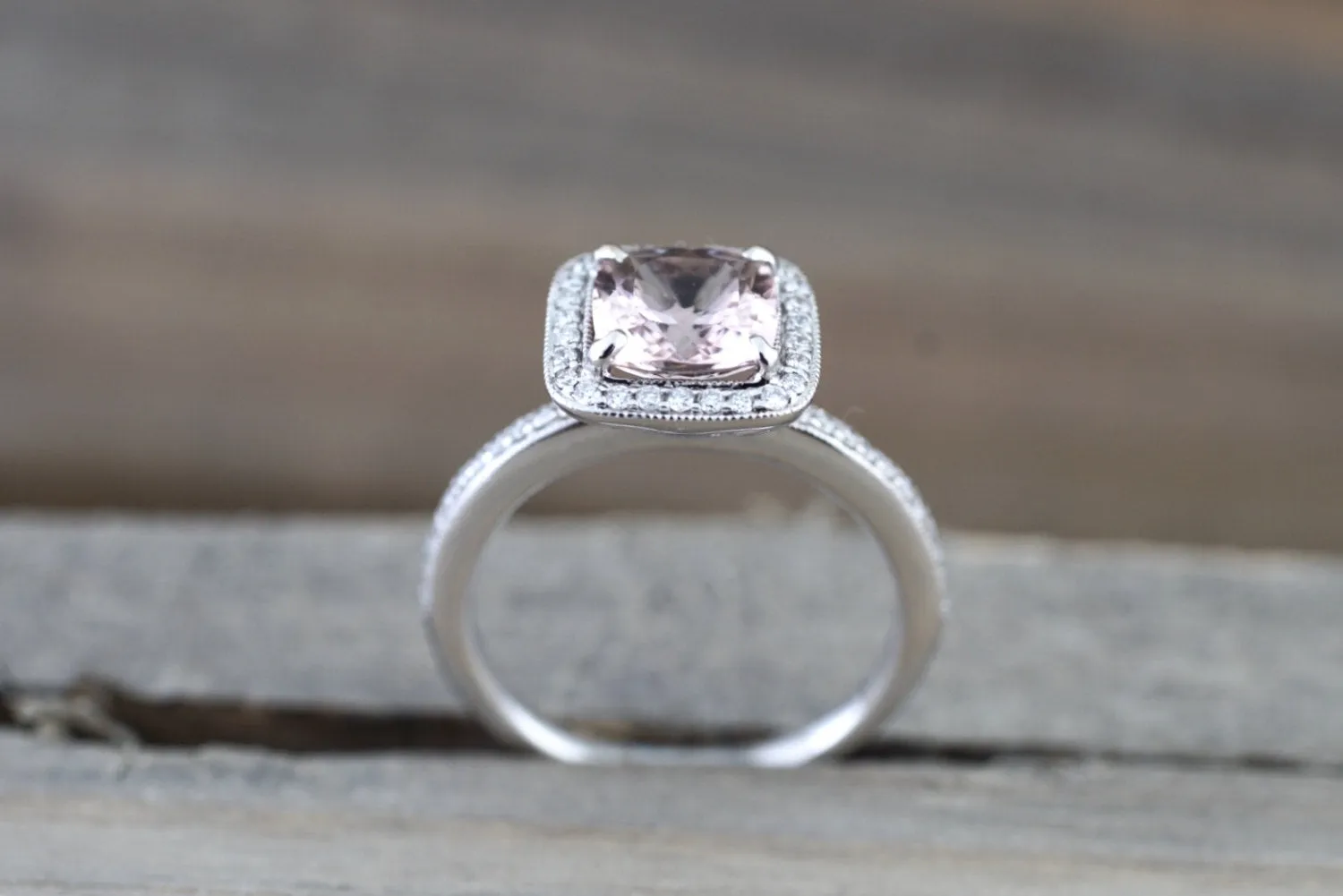 18k White Gold Diamond Cushion Halo Morganite Engagement Anniversary Love Wedding Ring Band Art Deco Vintage