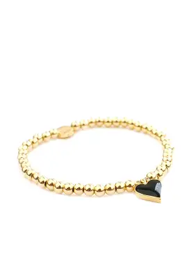 4mm Beaded Bracelet Small Heart - Gold Black