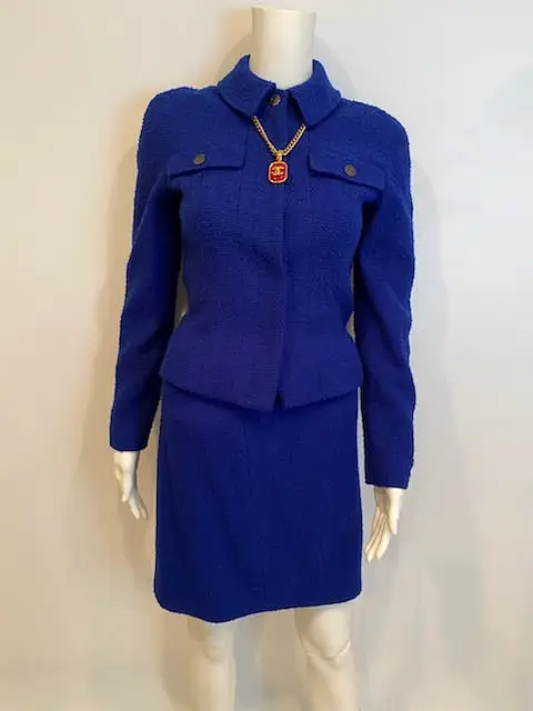 97A, 1997 Fall Vintage Chanel Boutique Royal Blue wool boucle Skirt Suit Jacket Set FR 36 US 2/4