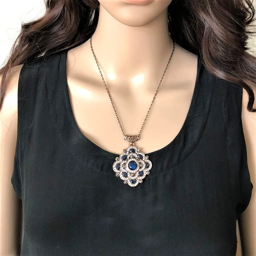 Antique Blue and Clear Crystal Geometric Necklace