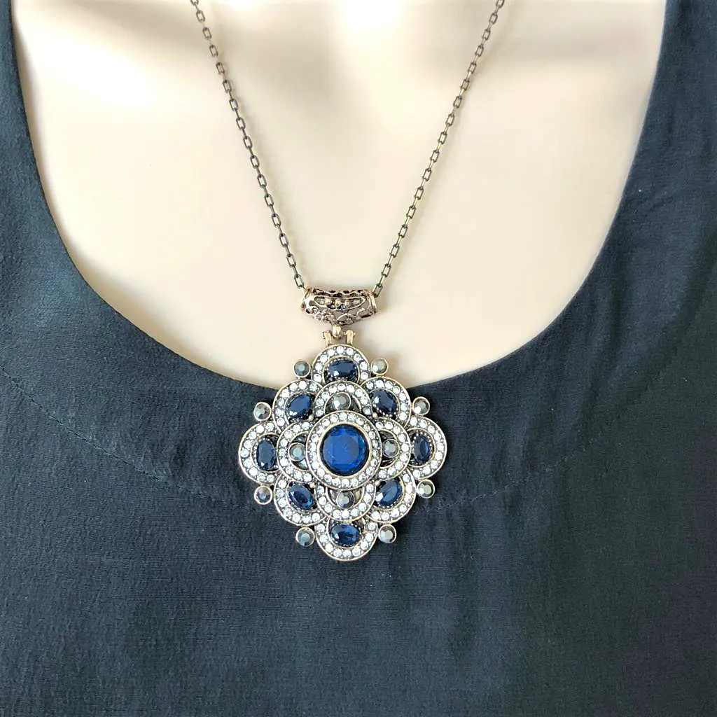 Antique Blue and Clear Crystal Geometric Necklace