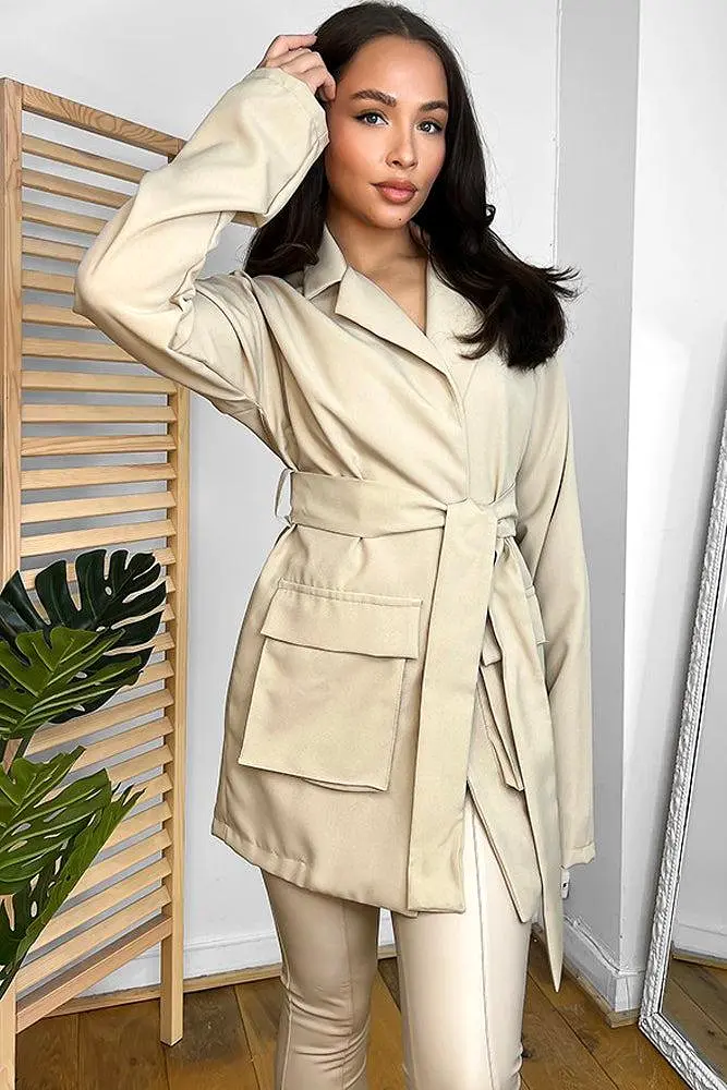 Beige Waist Tie Lightweight Blazer