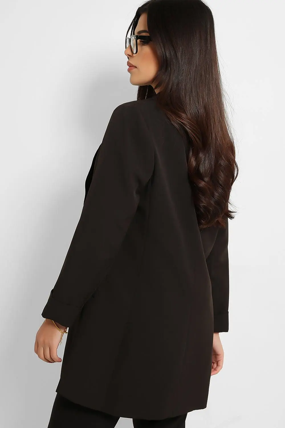 Black 3/4 Sleeve Open Front Long Blazer