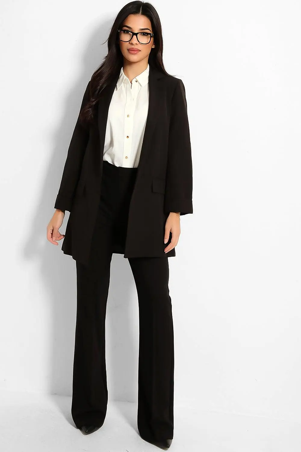 Black 3/4 Sleeve Open Front Long Blazer