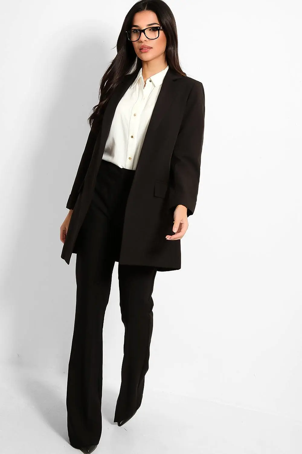 Black 3/4 Sleeve Open Front Long Blazer