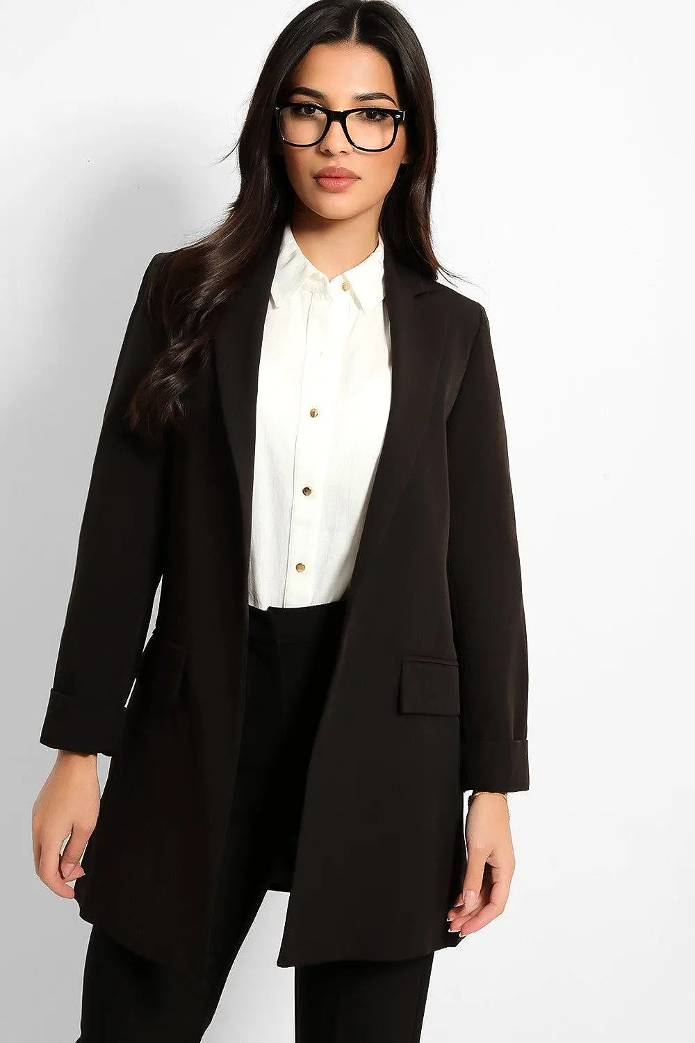 Black 3/4 Sleeve Open Front Long Blazer