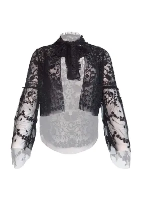 Black Floral Laced Long Sleeve Outerwear With Tie