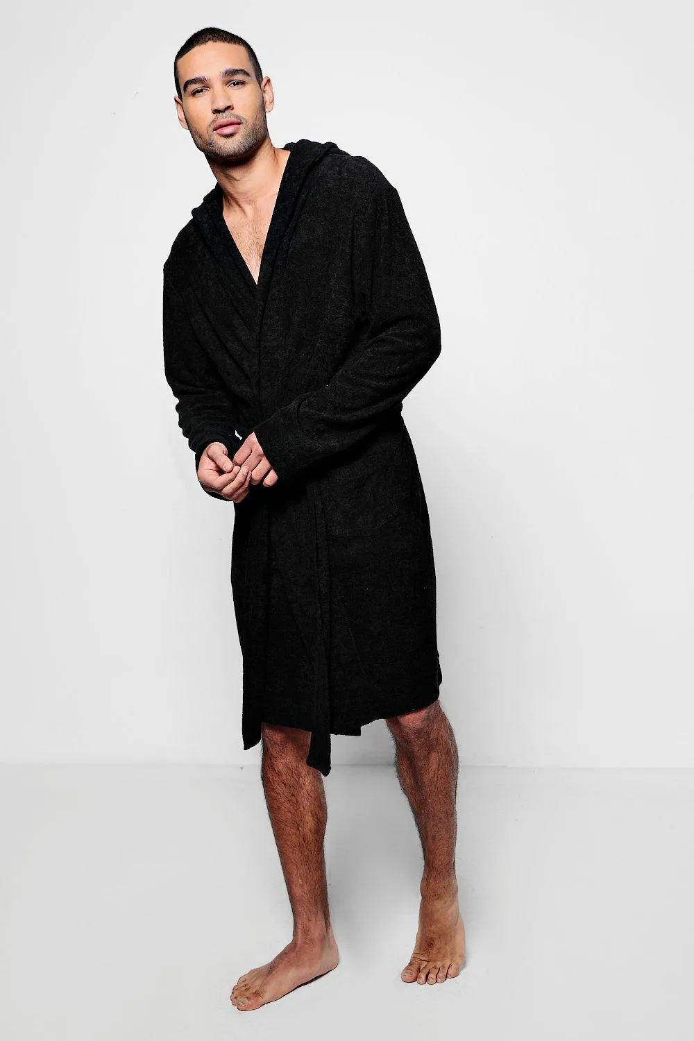 Black Hooded Dressing Gown In Towelling