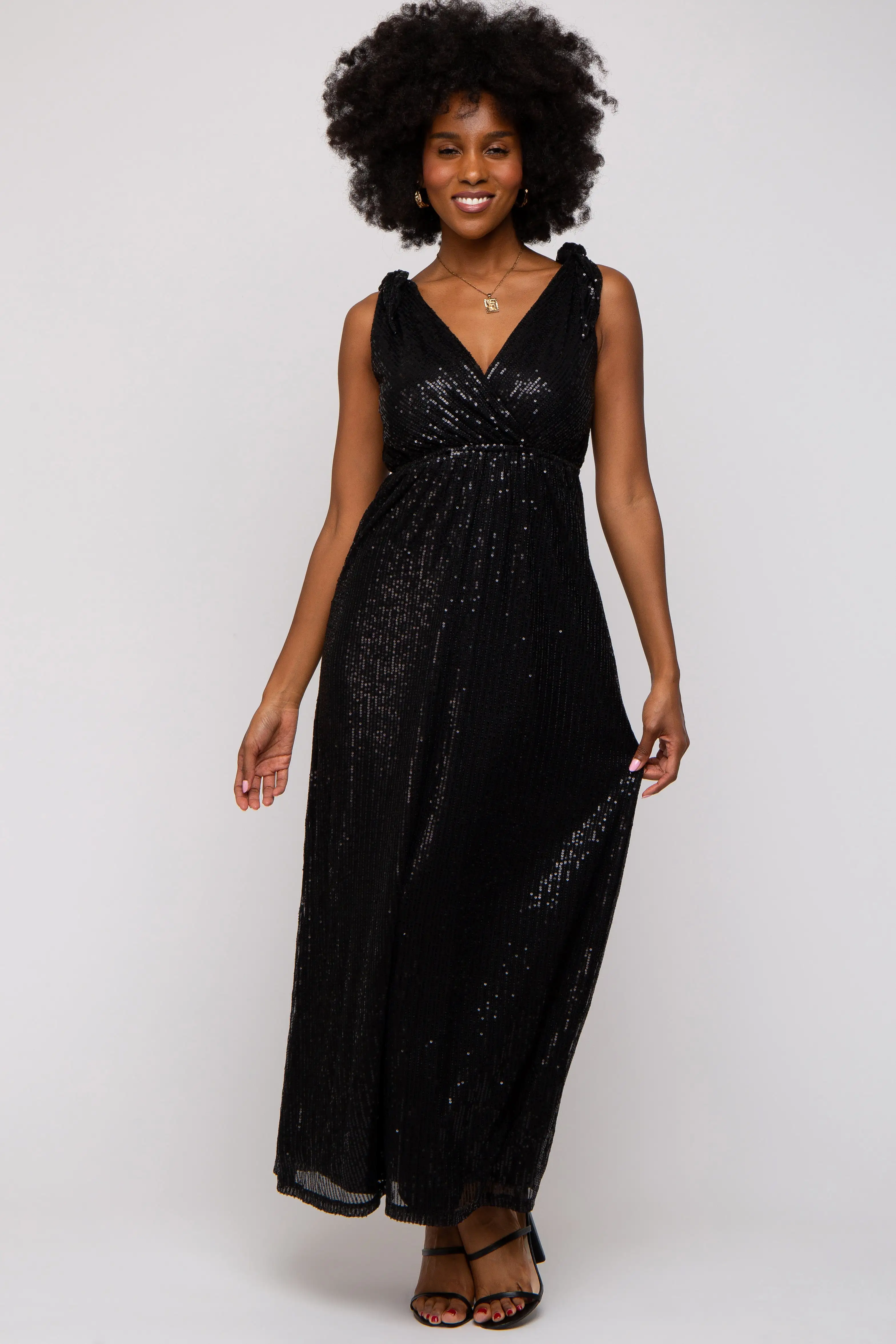 Black Sequin Sleeveless Wrap V-Neck Gown