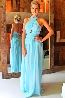 Blue A Line Floor Length Halter Backless Chiffon Bridesmaid Dresses