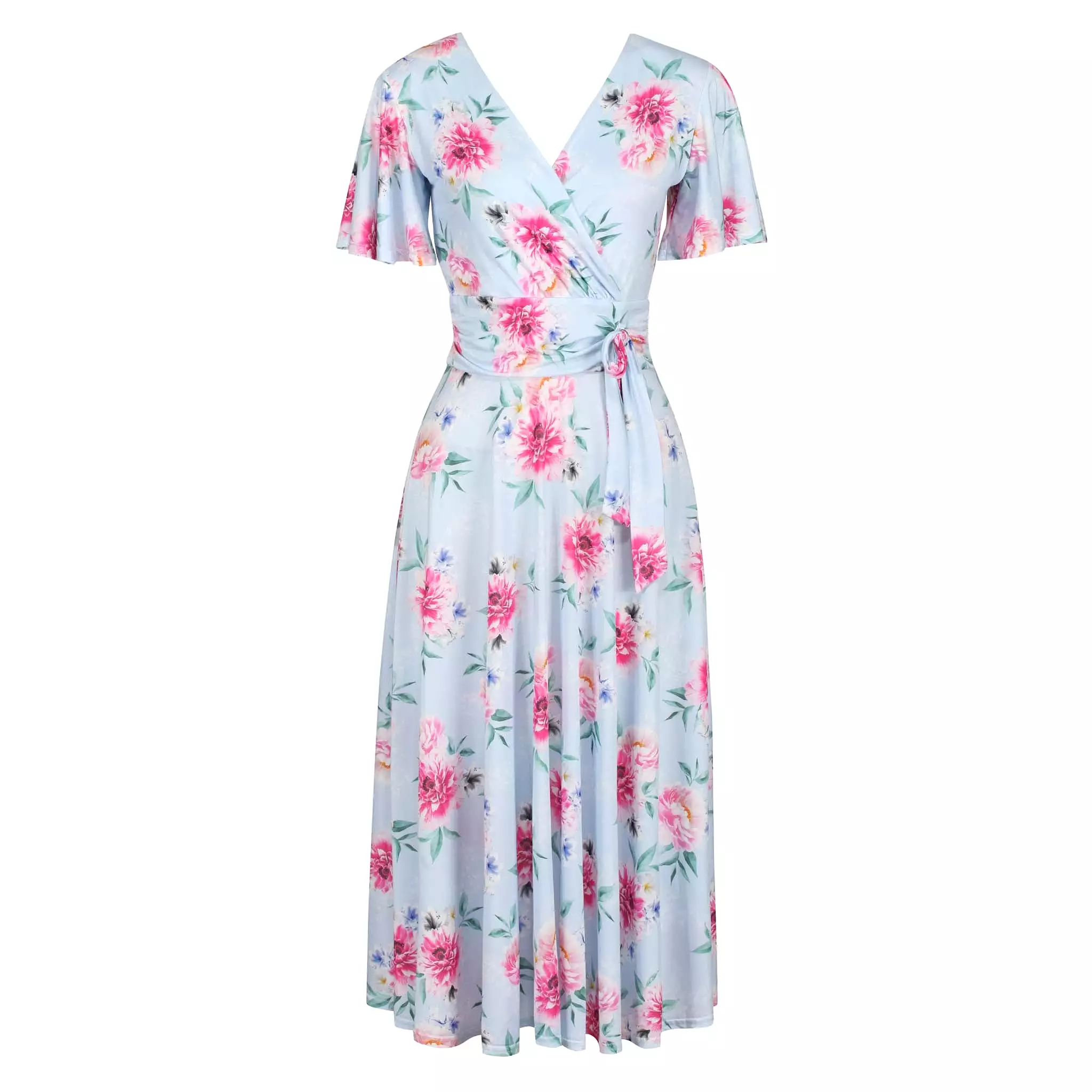 Blue Floral Print Cap Sleeve Crossover Wrap Top Swing Dress