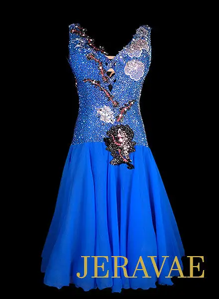 Blue Latin Rhythm Dress With White and Black Lace Accents Covered in Swarovski Crystals LAT204