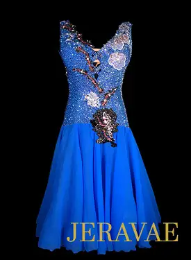 Blue Latin Rhythm Dress With White and Black Lace Accents Covered in Swarovski Crystals LAT204