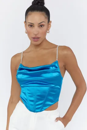 Blue Satin Bustier Rhinestone Strap Top