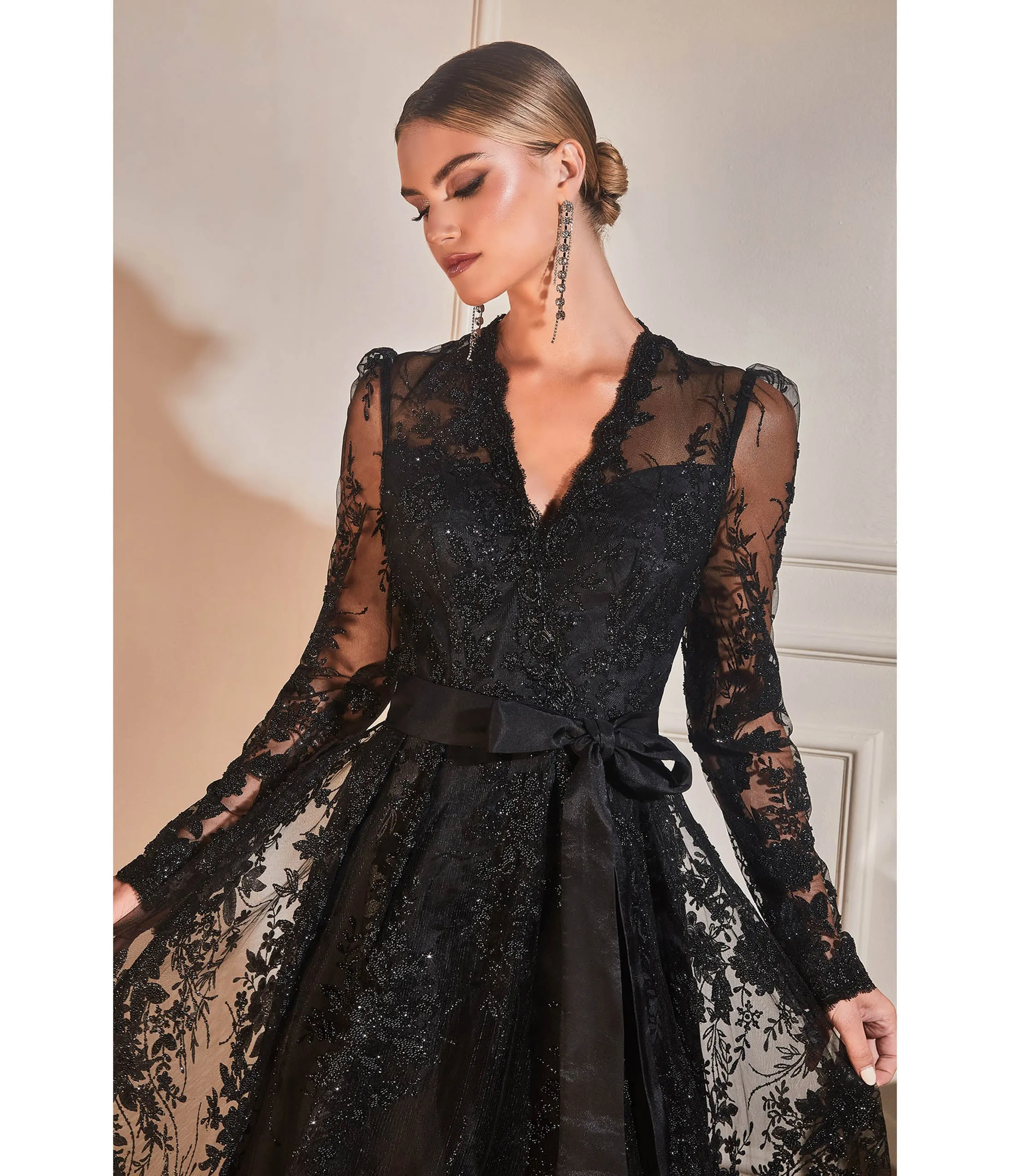 Cinderella Divine Black Long Sleeve Prom Gown