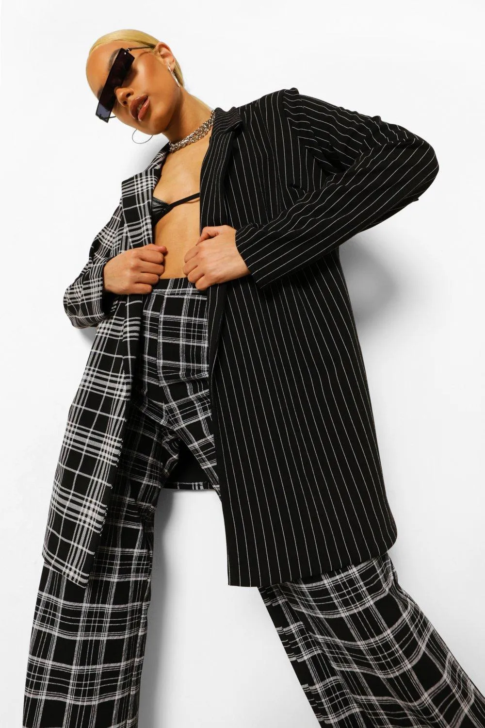 Contrast Pinstripe & Check Oversized Blazer