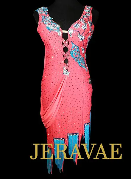 Coral and Blue Rhythm Dress with Fringe, Lace, and Swarovski Stones Size Medium LAT076 SOLD