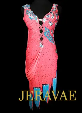 Coral and Blue Rhythm Dress with Fringe, Lace, and Swarovski Stones Size Medium LAT076 SOLD