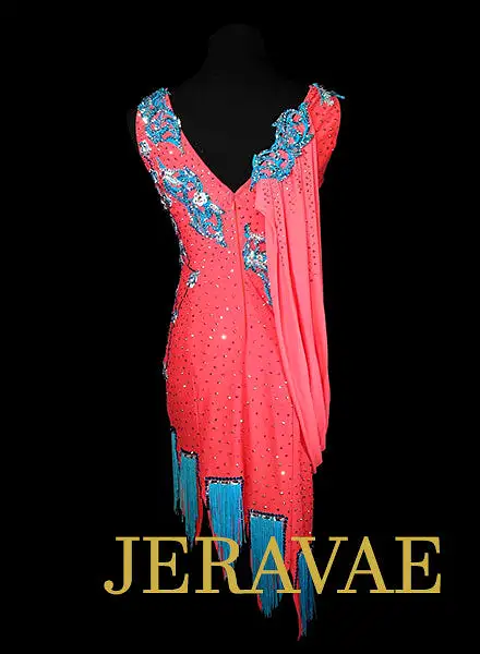 Coral and Blue Rhythm Dress with Fringe, Lace, and Swarovski Stones Size Medium LAT076 SOLD