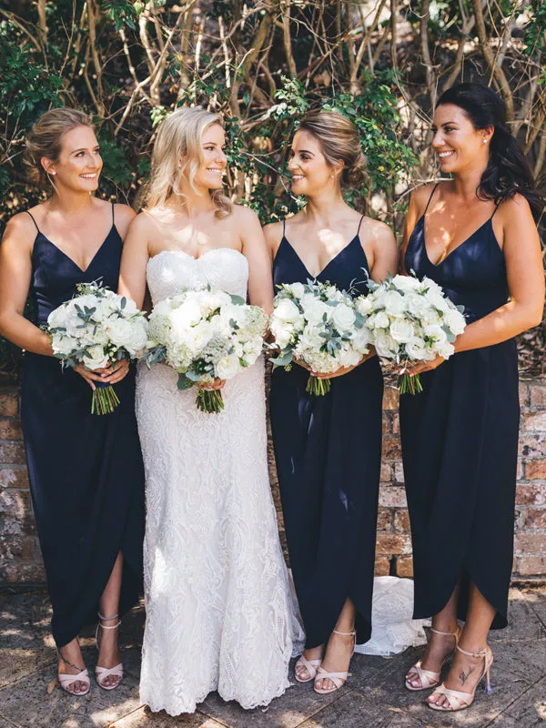 Dark Navy Jersey Spaghetti Strap V-neck Sheath High Low Bridesmaid Dresses,DB133