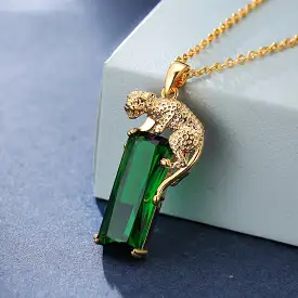 Domineering Animal Leopard Pendant Big Rectangle Stone Necklaces For Men Women Green Zircon Gold Color Link Chain Necklace S1898