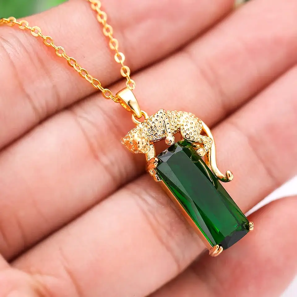 Domineering Animal Leopard Pendant Big Rectangle Stone Necklaces For Men Women Green Zircon Gold Color Link Chain Necklace S1898