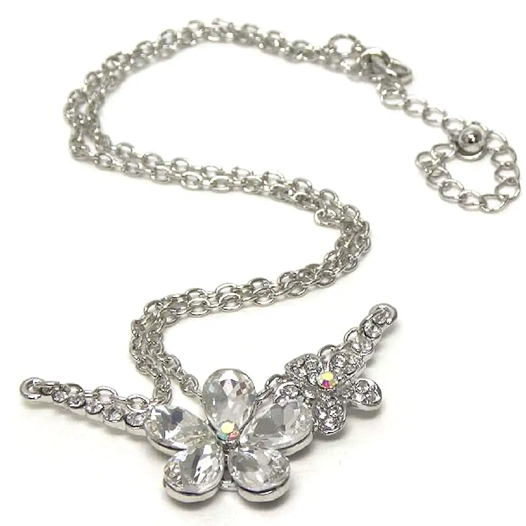 Double Silver Crystal Flower Link Necklace