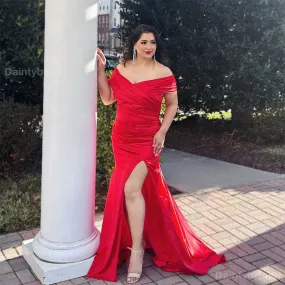 Elegant Off Shoulder Mermaid Red Side Slit Long Bridesmaid Dresses Online, BG763