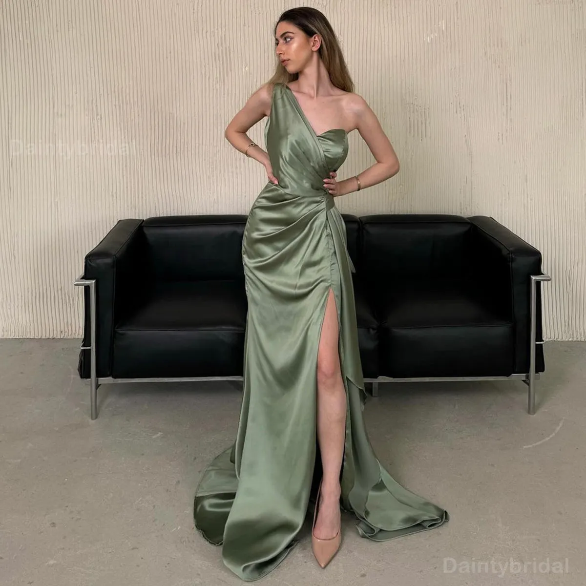 Elegant One Shoulder Mermaid Satin Side Slit Dusty Sage Long Bridesmaid Dresses Online, BG777