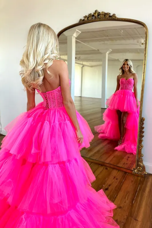 Elegant Rose Prom Dress With Sleeveless Gown and Tulle Train