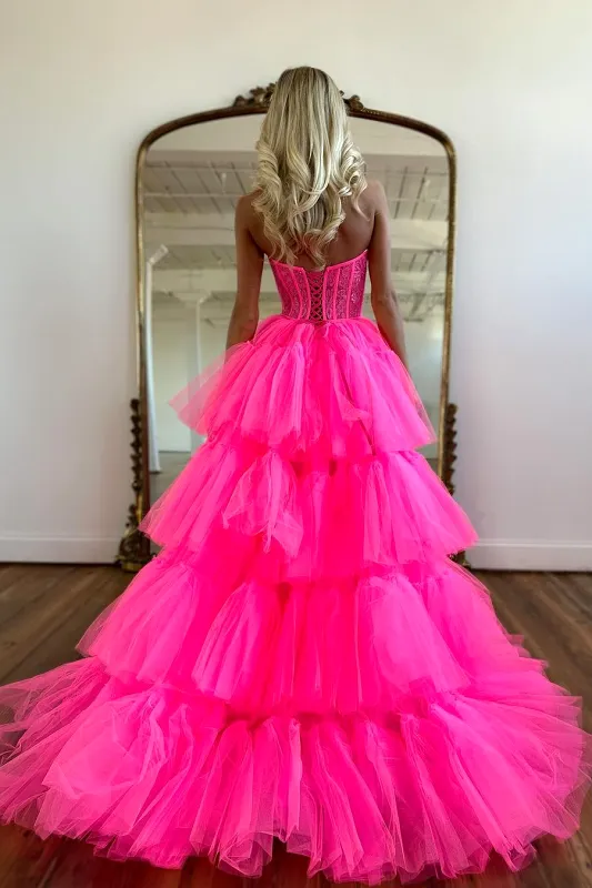 Elegant Rose Prom Dress With Sleeveless Gown and Tulle Train