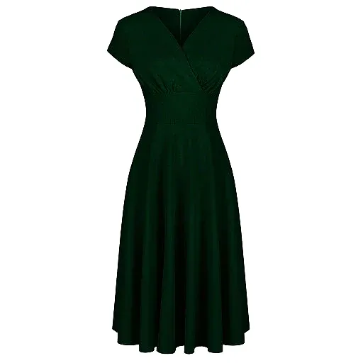 Forest Green A Line Vintage Crossover Capped Sleeve Tea Swing Dress