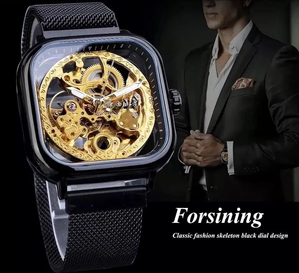 Forsining Mens Black Automatic Mechanical Steampunk Mesh Watch W159327