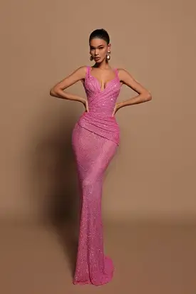 Glamorous Pink Sequin Mermaid Prom Dress with V-Neck and Sleeveless Design