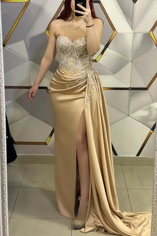 Golden Glamour Sequin-Embellished V-Neck Prom Gown