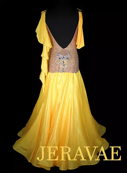 Golden Yellow and Nude Standard Ballroom Dress with Yellow Accents and Solid Swarovski Stones Size M Smo205