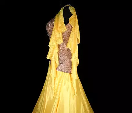 Golden Yellow and Nude Standard Ballroom Dress with Yellow Accents and Solid Swarovski Stones Size M Smo205