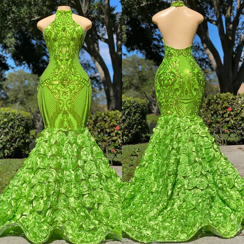 Green Halter Mermaid Prom Dress with Open Back and Floral Details