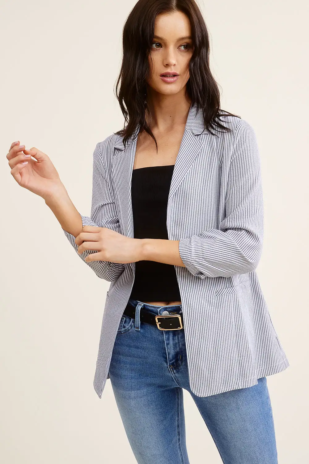 Grey and White Striped Linen Blazer