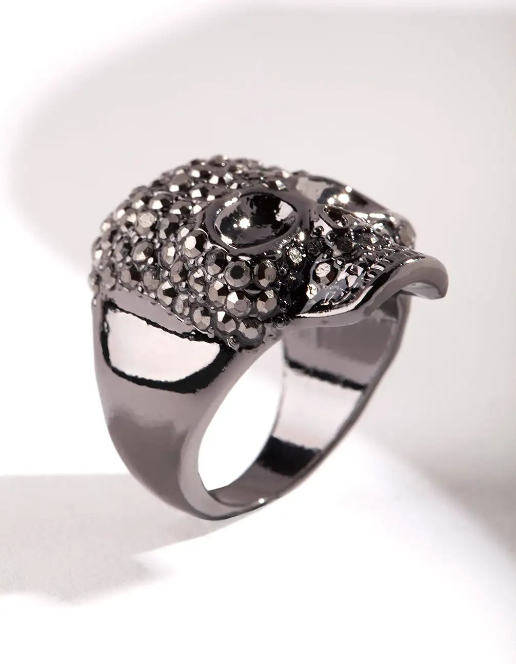 Gunmetal Diamante Skull Ring