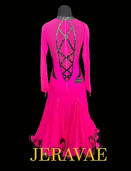 Hot Pink Long Sleeve Latin Dress with V-Neckline, Black Lace Appliqué, Swarovski Stones, Horsehair Hem, and Closed Back Sz S Lat