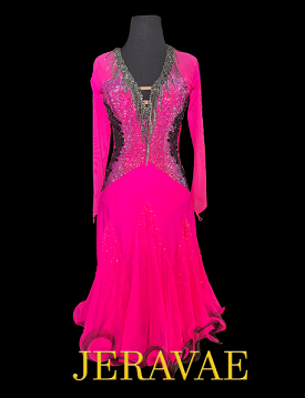 Hot Pink Long Sleeve Latin Dress with V-Neckline, Black Lace Appliqué, Swarovski Stones, Horsehair Hem, and Closed Back Sz S Lat