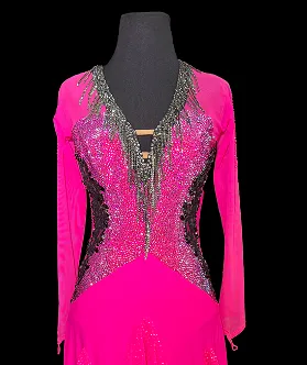 Hot Pink Long Sleeve Latin Dress with V-Neckline, Black Lace Appliqué, Swarovski Stones, Horsehair Hem, and Closed Back Sz S Lat