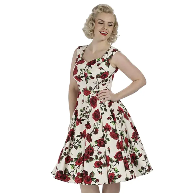 Ivory White and Red Rose Vintage Rockabilly Swing Dress