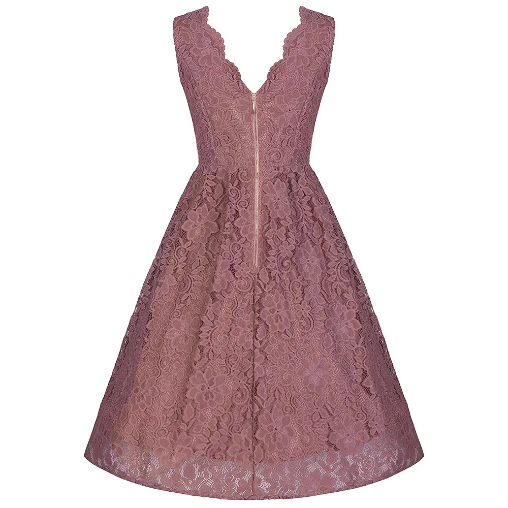 Jolie Moi Vintage Dusky Pink Lace Embroidered 50s Swing Dress