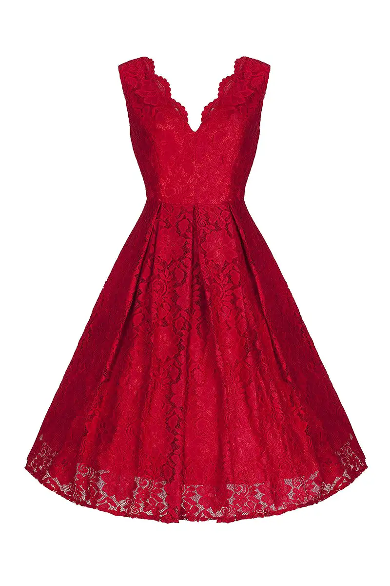 Jolie Moi Vintage Red Embroidered Lace 50s Swing Occasion Dress