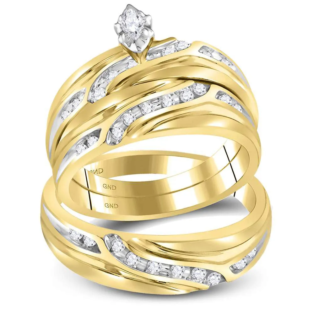 Keene Jewelers 10kt Yellow Gold His Hers Marquise Diamond Solitaire Matching Wedding Set 1/3 Cttw