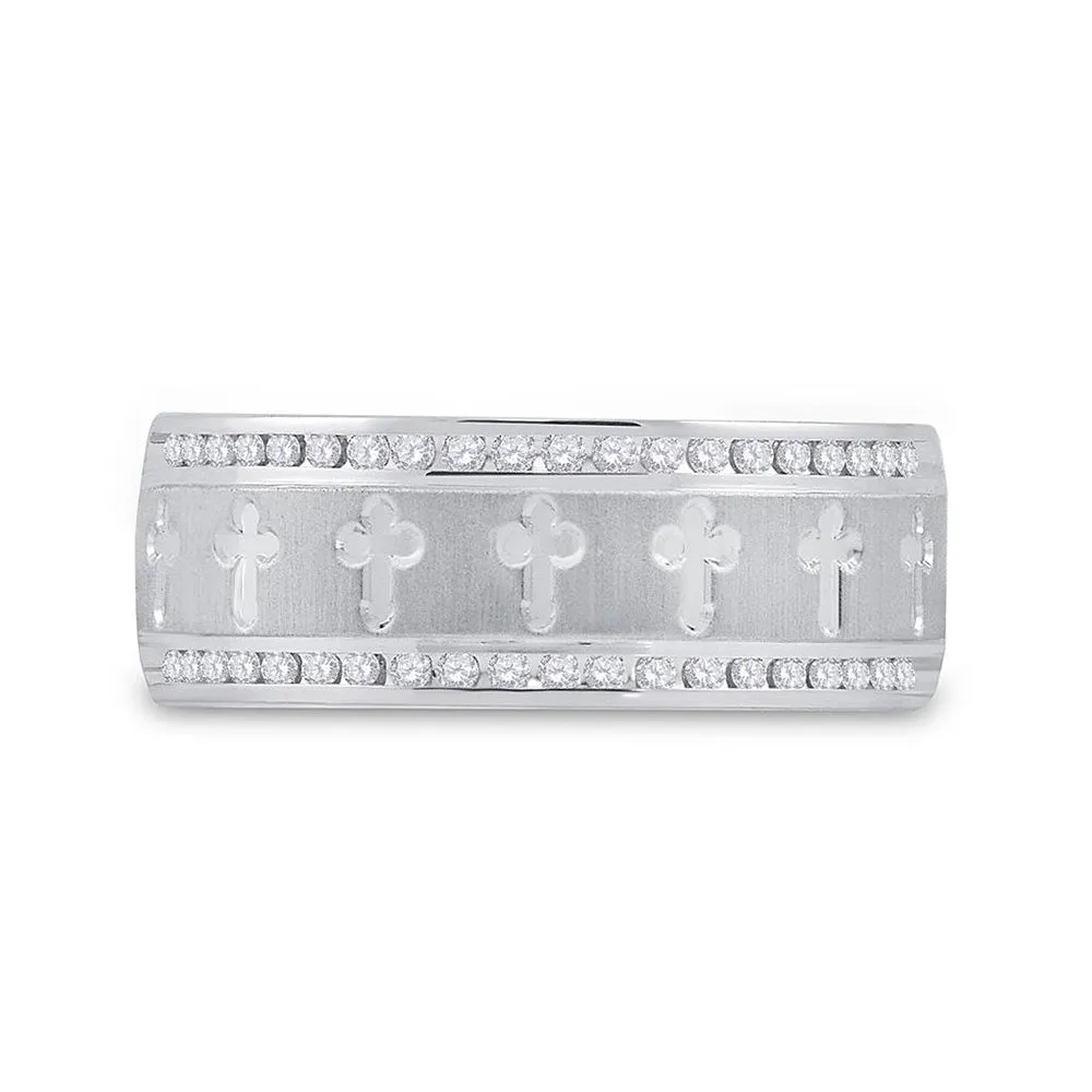 Keene Jewelers 14kt White Gold Mens Round Diamond Wedding Cross Band Ring 1/4 Cttw