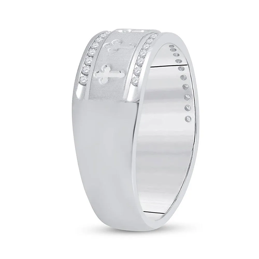 Keene Jewelers 14kt White Gold Mens Round Diamond Wedding Cross Band Ring 1/4 Cttw